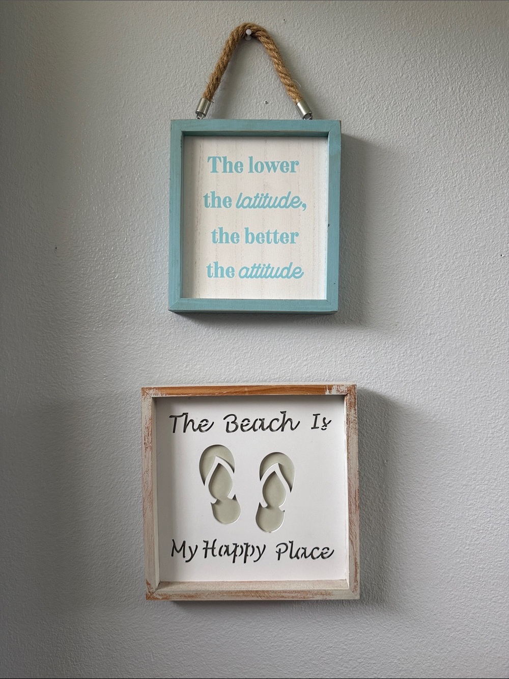 Coastal Wall Art Set with Aqua Frame and White Beach Sign
